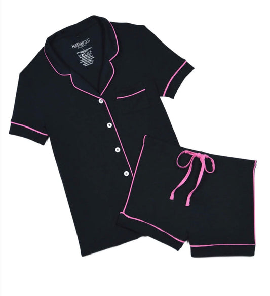 Katie J - Lynn Short Sleeve Lounge Set, Black/Neon Pink