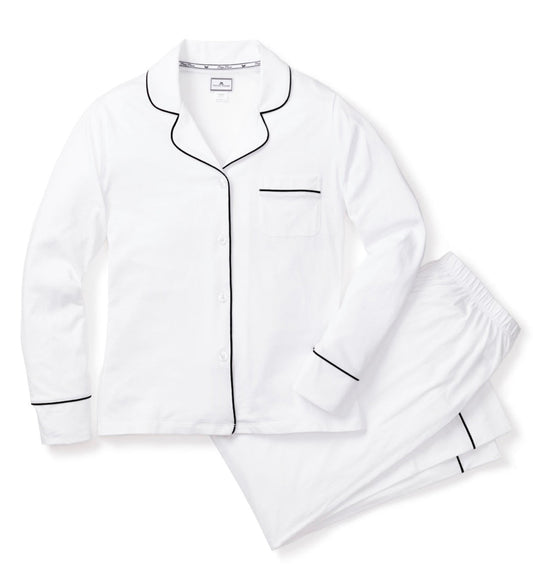Petite Plume - Women’s Lightweight Pima White Pajama Set with Navy Piping