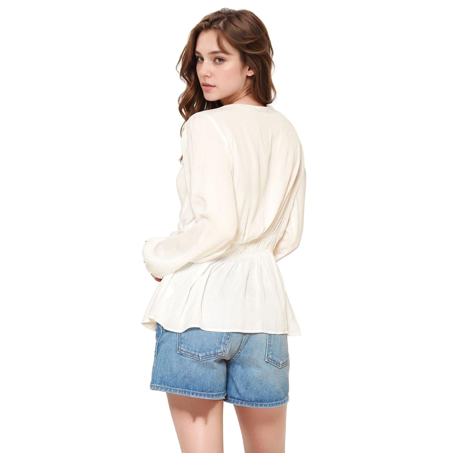Pleione Women's V-Neck Twist Front Tunic Top in Ivory