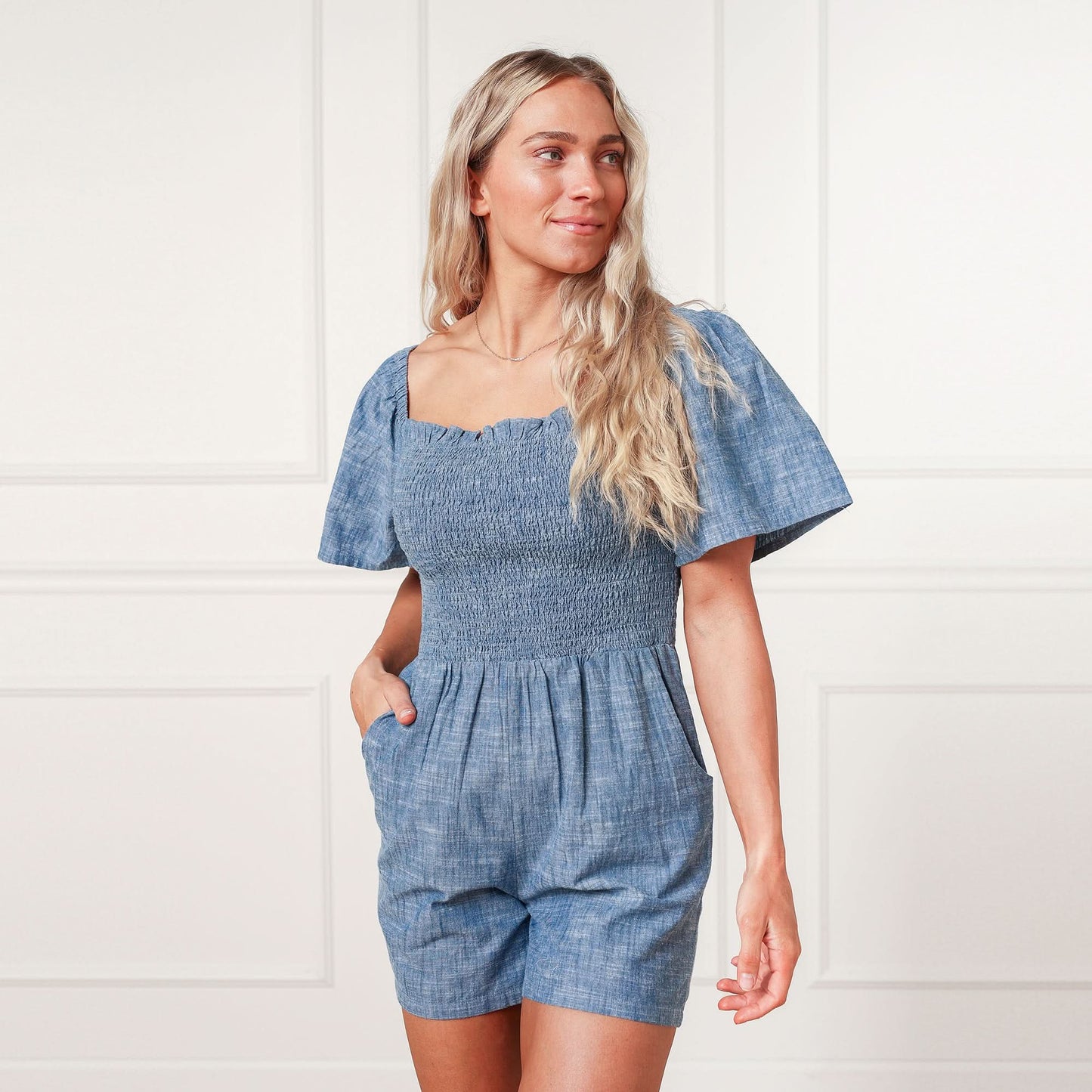 Organic Smocked Chambray Romper
