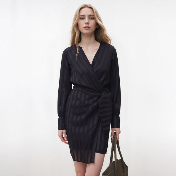 Women's Stripe Satin Long Sleeve Mini Dress in Black