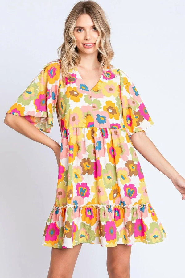 Trendsi Floral Mini Dress Women's Party V-Neck Ruffle Trim Cute Dress