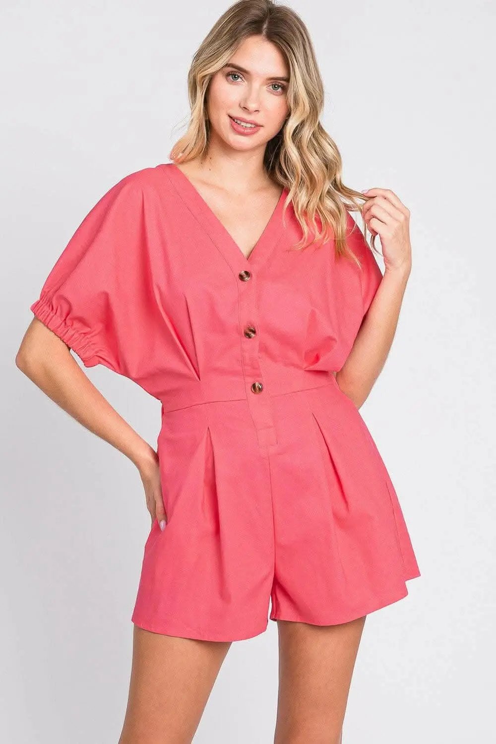 Trendsi GeeGee Half Button V-Neck Linen Romper