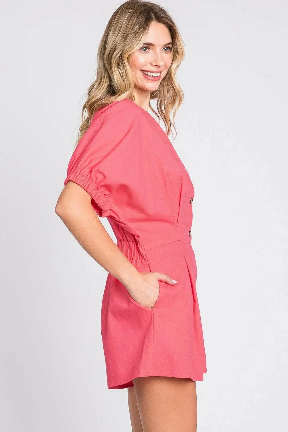 Trendsi GeeGee Half Button V-Neck Linen Romper