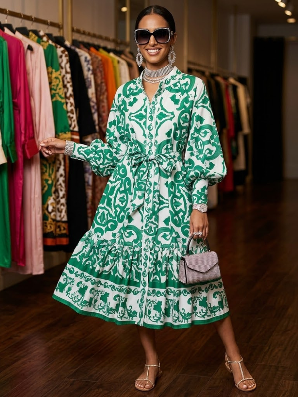 Gemini ha dicho Green Damask Print Shirt Dress TRIBECA New Collection FASHION BYMANYC ® New York