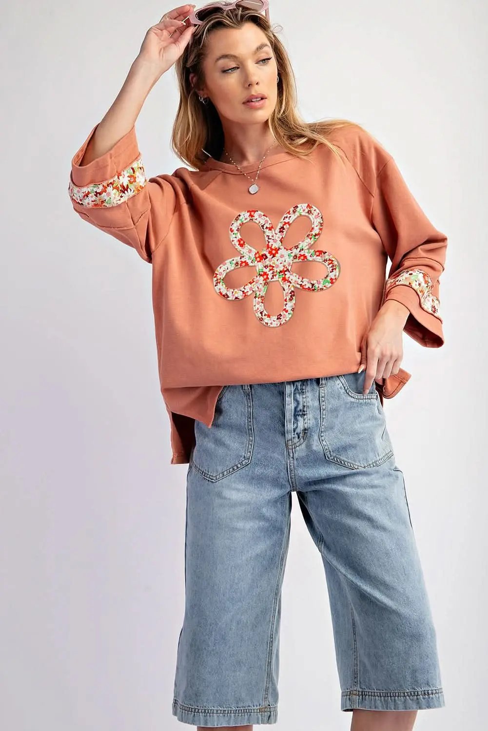 Love Salve Pink Graphic Top Women's Daily Wear Tee Wide Sleeve, Exposed Seam