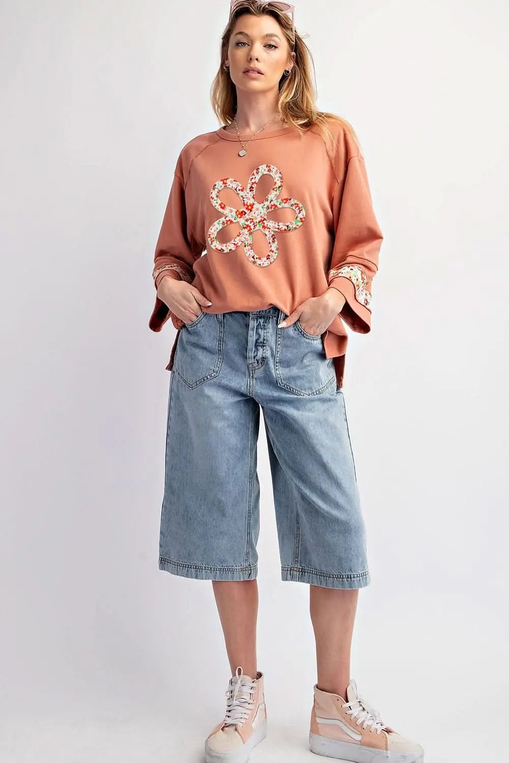 Love Salve Pink Graphic Top Women's Daily Wear Tee Wide Sleeve, Exposed Seam
