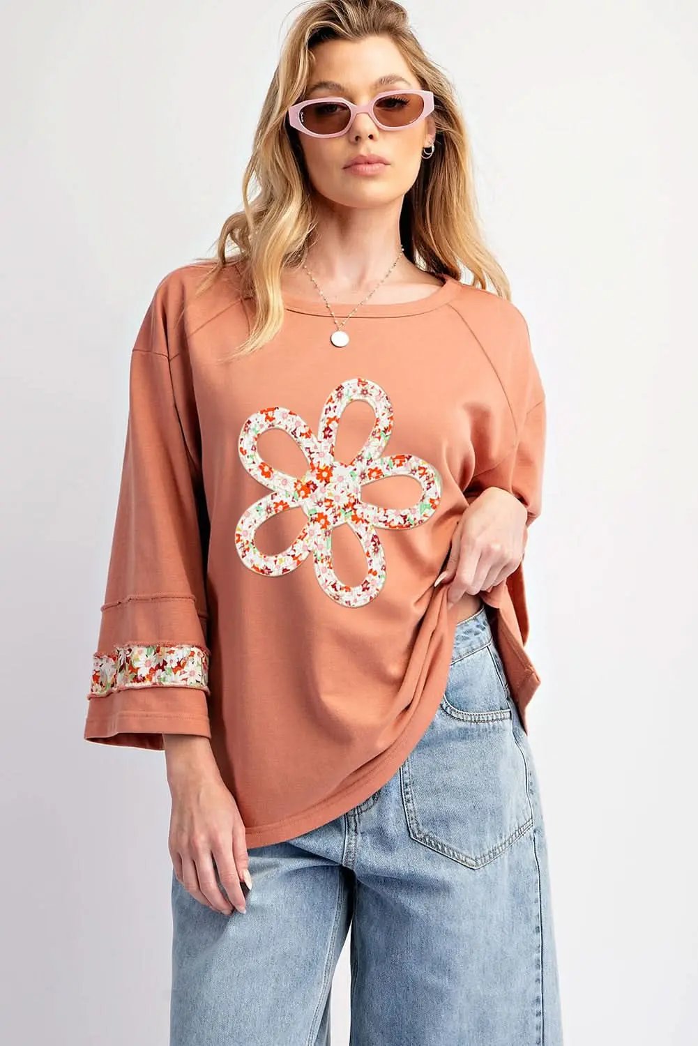 Love Salve Pink Graphic Top Women's Daily Wear Tee Wide Sleeve, Exposed Seam
