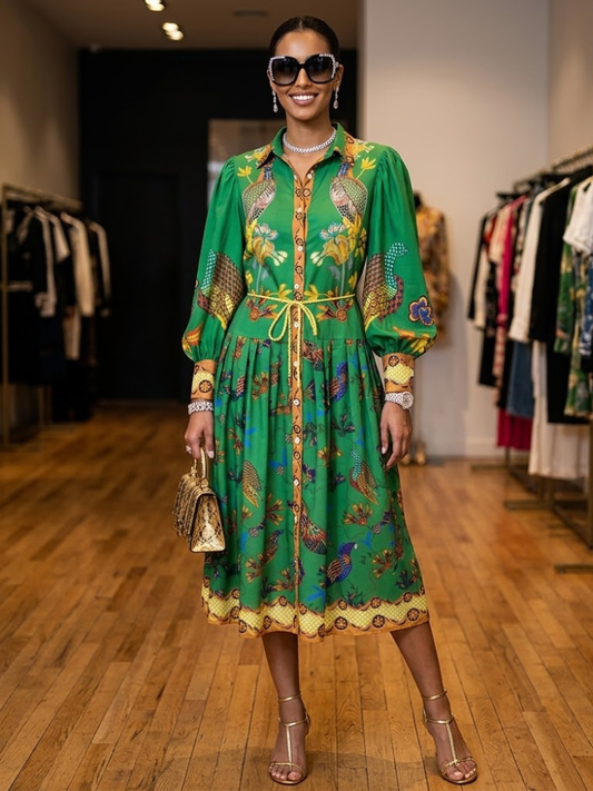 Green Printed Boho Shirt Dress TRIBECA New Collection FASHION BYMANYC ® New York