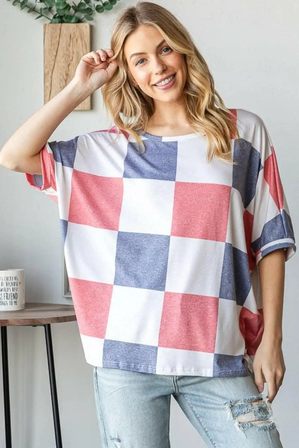 Trendsi Checkered Tee Women's Casual Top Short Sleeve Round Neck Soft Shirt