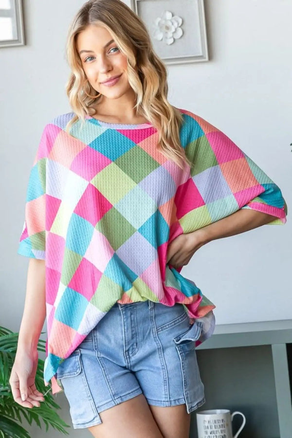 Trendsi Color Block Waffle Women's Oversized Tee - Casual, Comfy T-Shirt