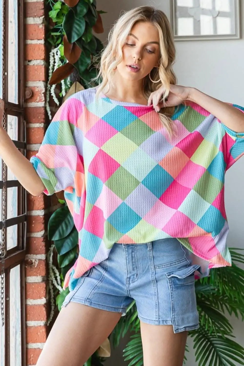 Trendsi Color Block Waffle Women's Oversized Tee - Casual, Comfy T-Shirt