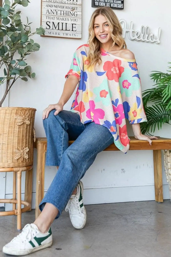 Trendsi Floral Waffle Oversize Tee Women's Casual T-Shirt Soft & Comfy
