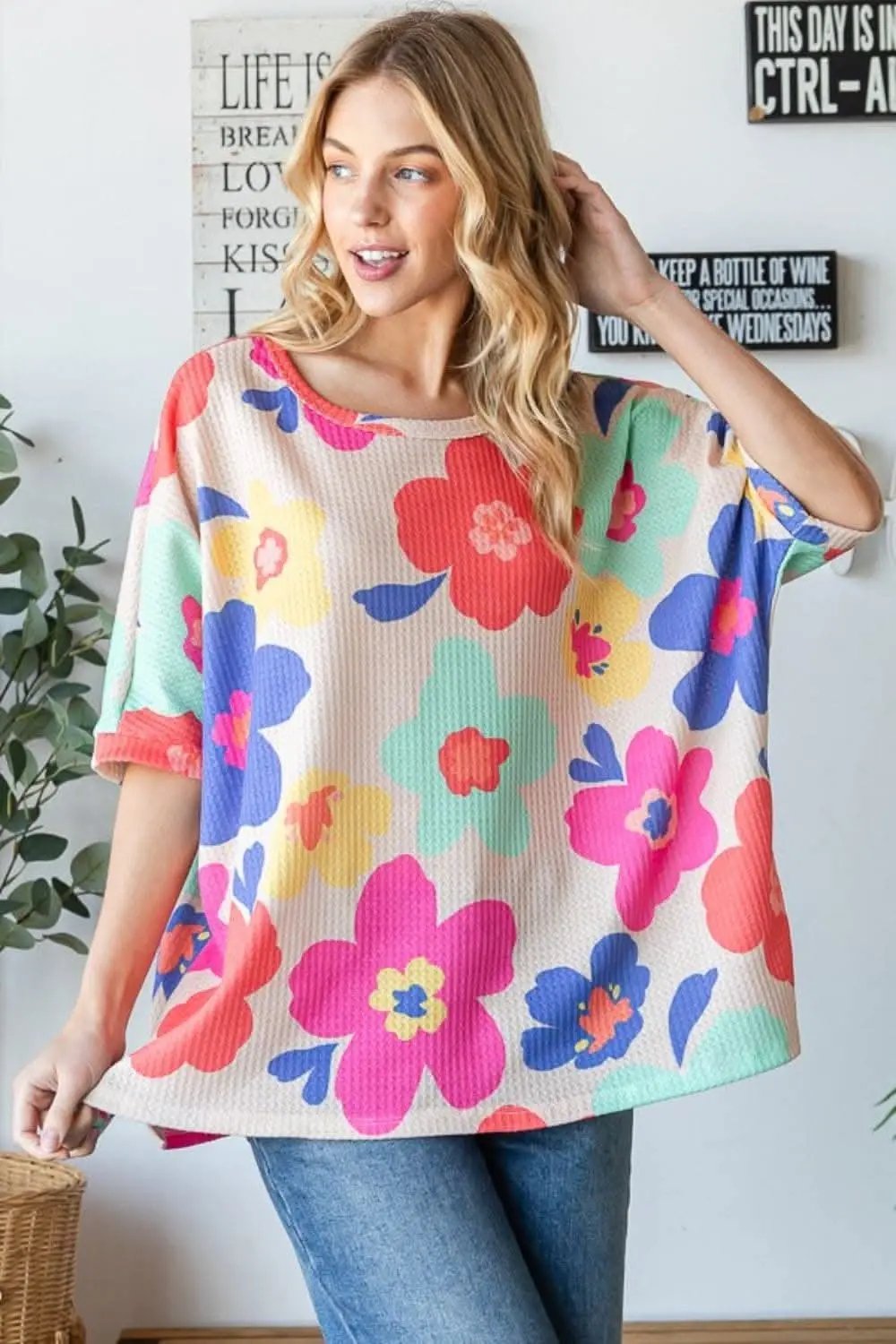 Trendsi Floral Waffle Oversize Tee Women's Casual T-Shirt Soft & Comfy