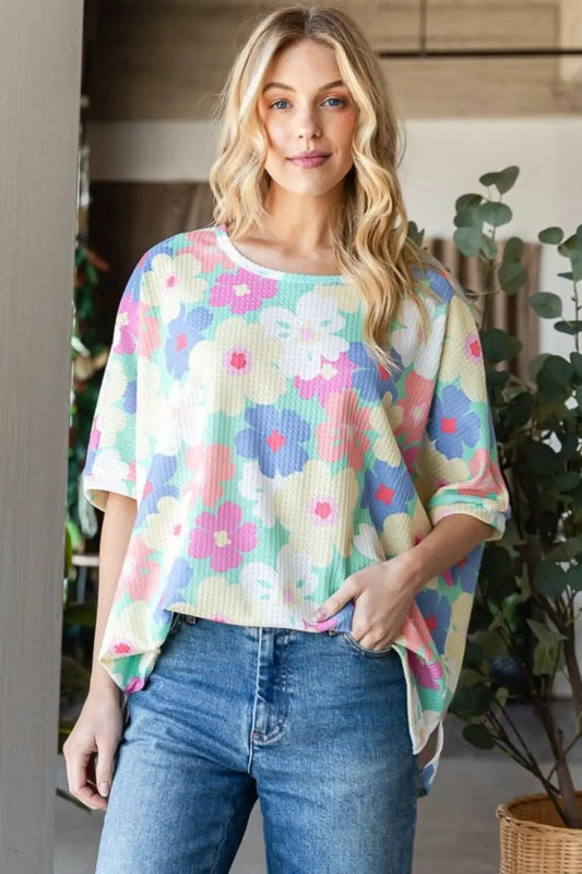 Trendsi Floral Waffle Oversized Women's T-Shirt + Casual Top + Soft & Comfy