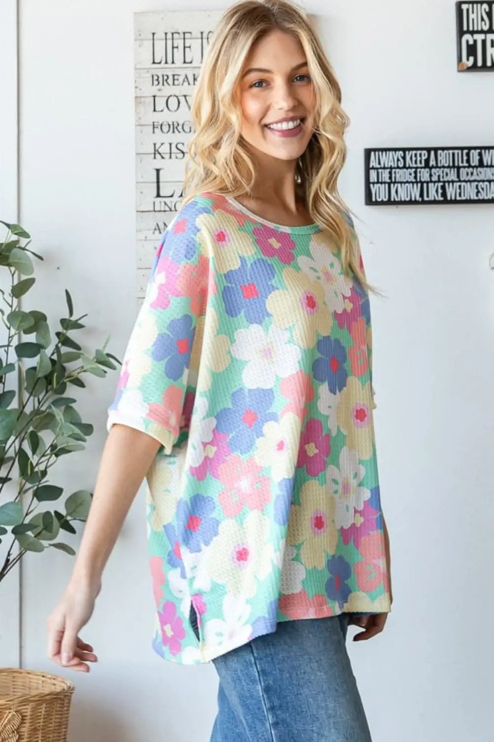 Trendsi Floral Waffle Oversized Women's T-Shirt + Casual Top + Soft & Comfy