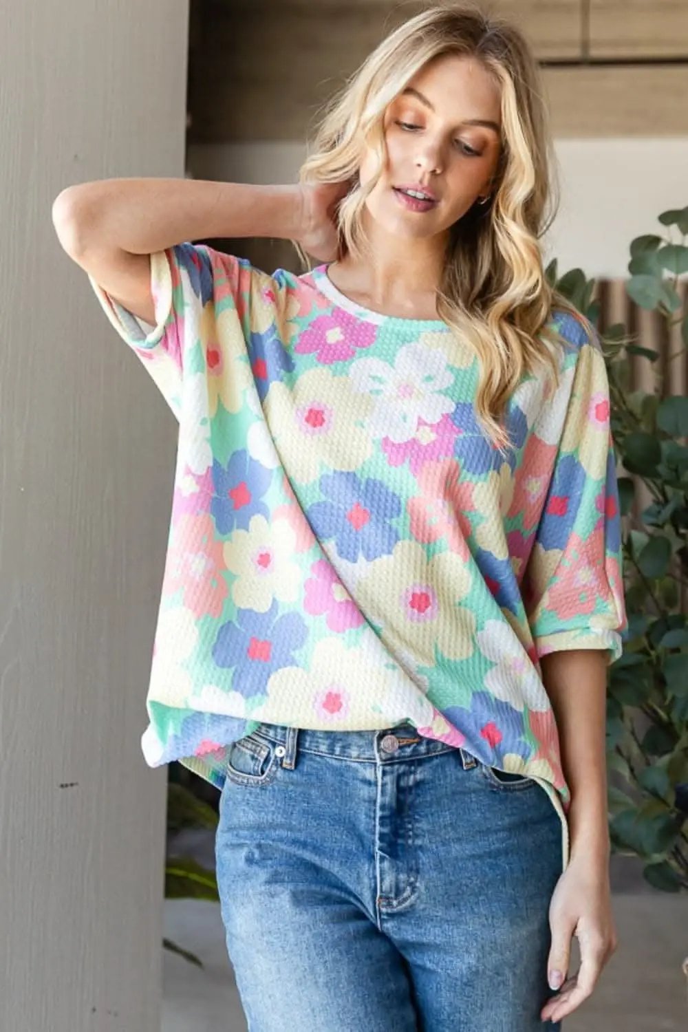 Trendsi Floral Waffle Oversized Women's T-Shirt + Casual Top + Soft & Comfy