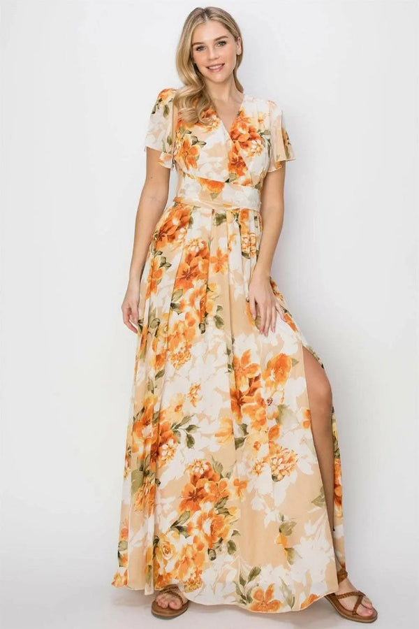 Trendsi Floral Maxi Dress Women's Summer Slit Tie Back Short Sleeve