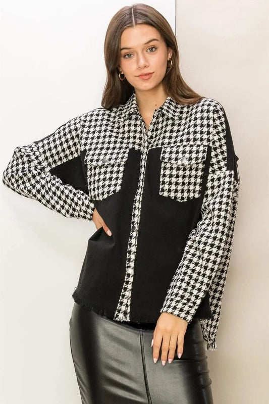 Houndstooth Jacket - Raw Hem - Chic Fall Outerwear