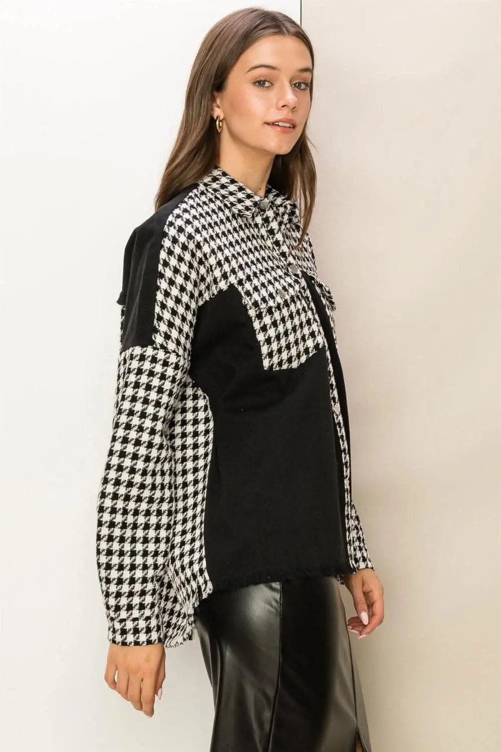 Houndstooth Jacket - Raw Hem - Chic Fall Outerwear