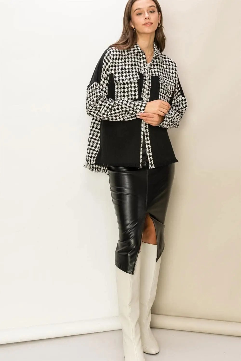 Houndstooth Jacket - Raw Hem - Chic Fall Outerwear