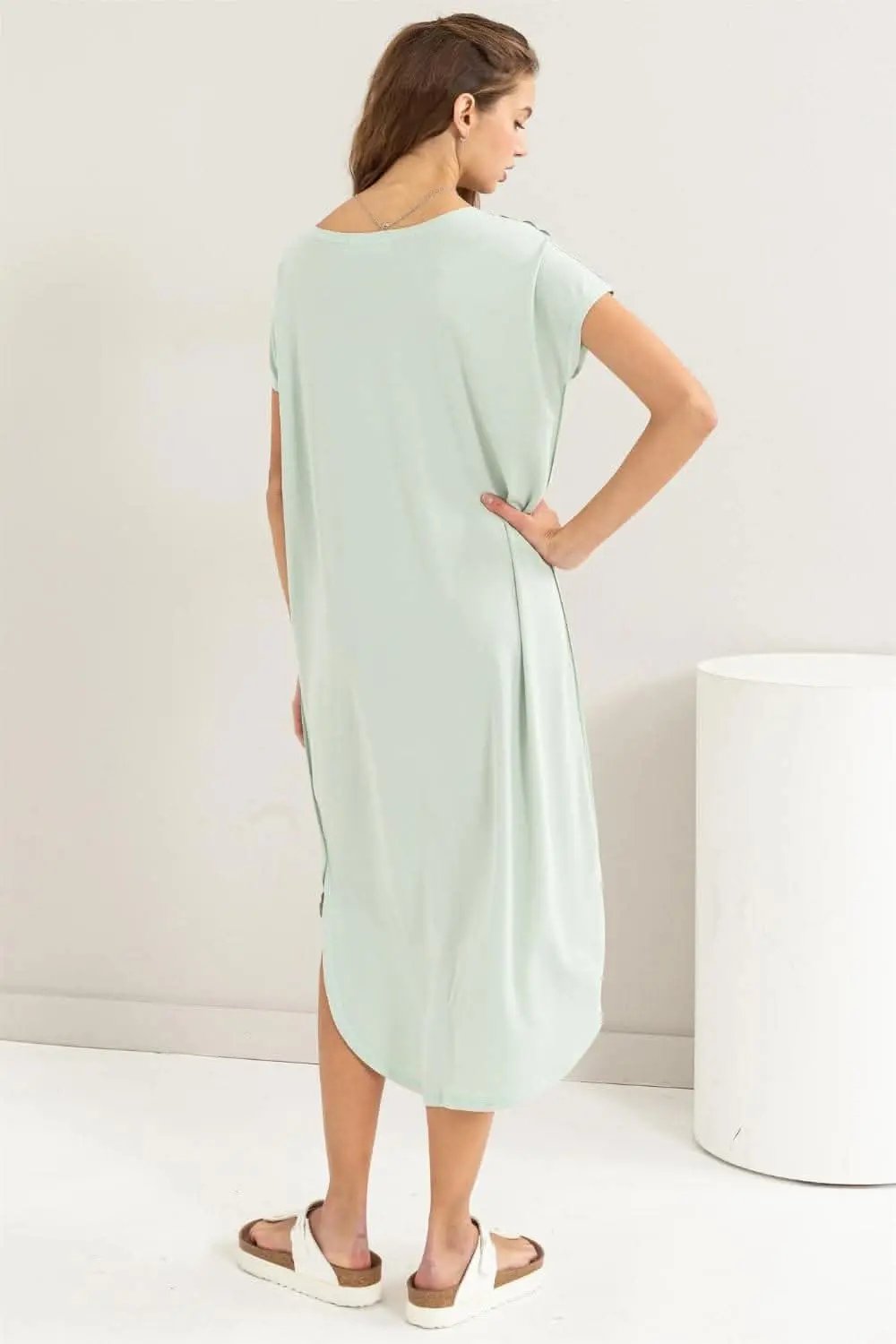 Trendsi HYFVE Short Sleeve High-Low Slit Midi Dress Chic S