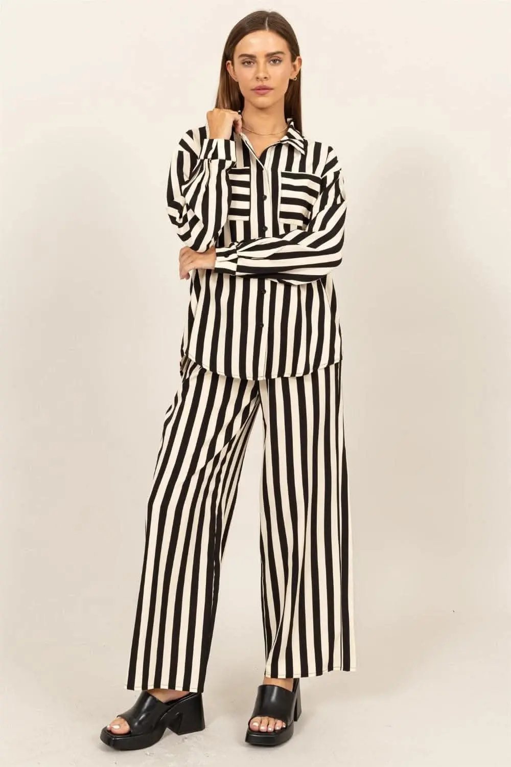 Trendsi Striped Set Women's Loungewear Button Up Shirt & Pants Two-Piece Set USA Shipped