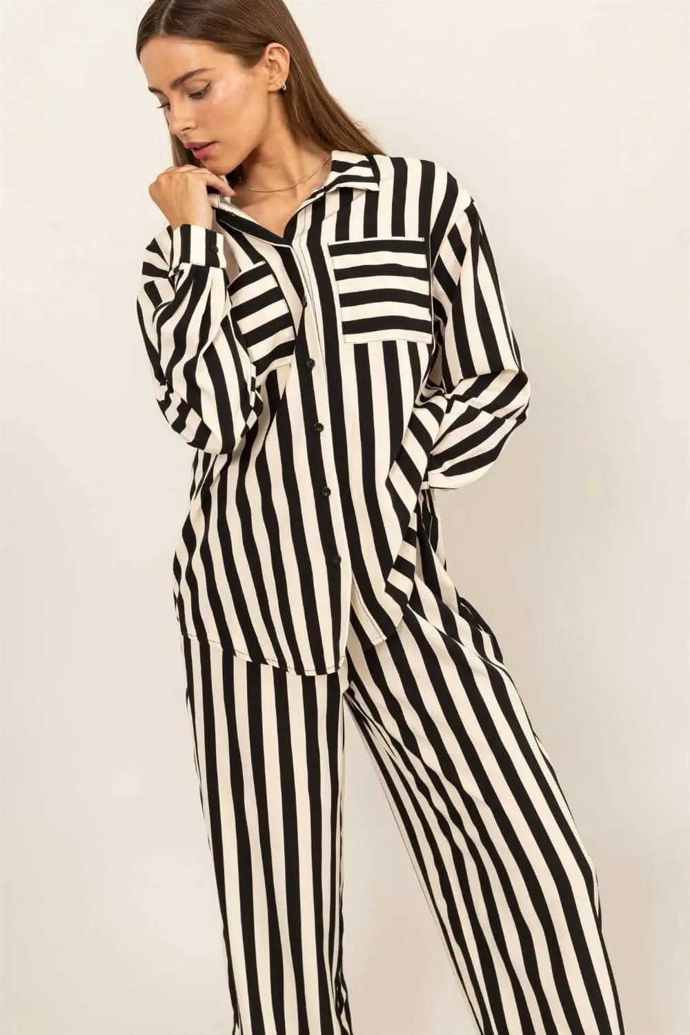 Trendsi Striped Set Women's Loungewear Button Up Shirt & Pants Two-Piece Set USA Shipped