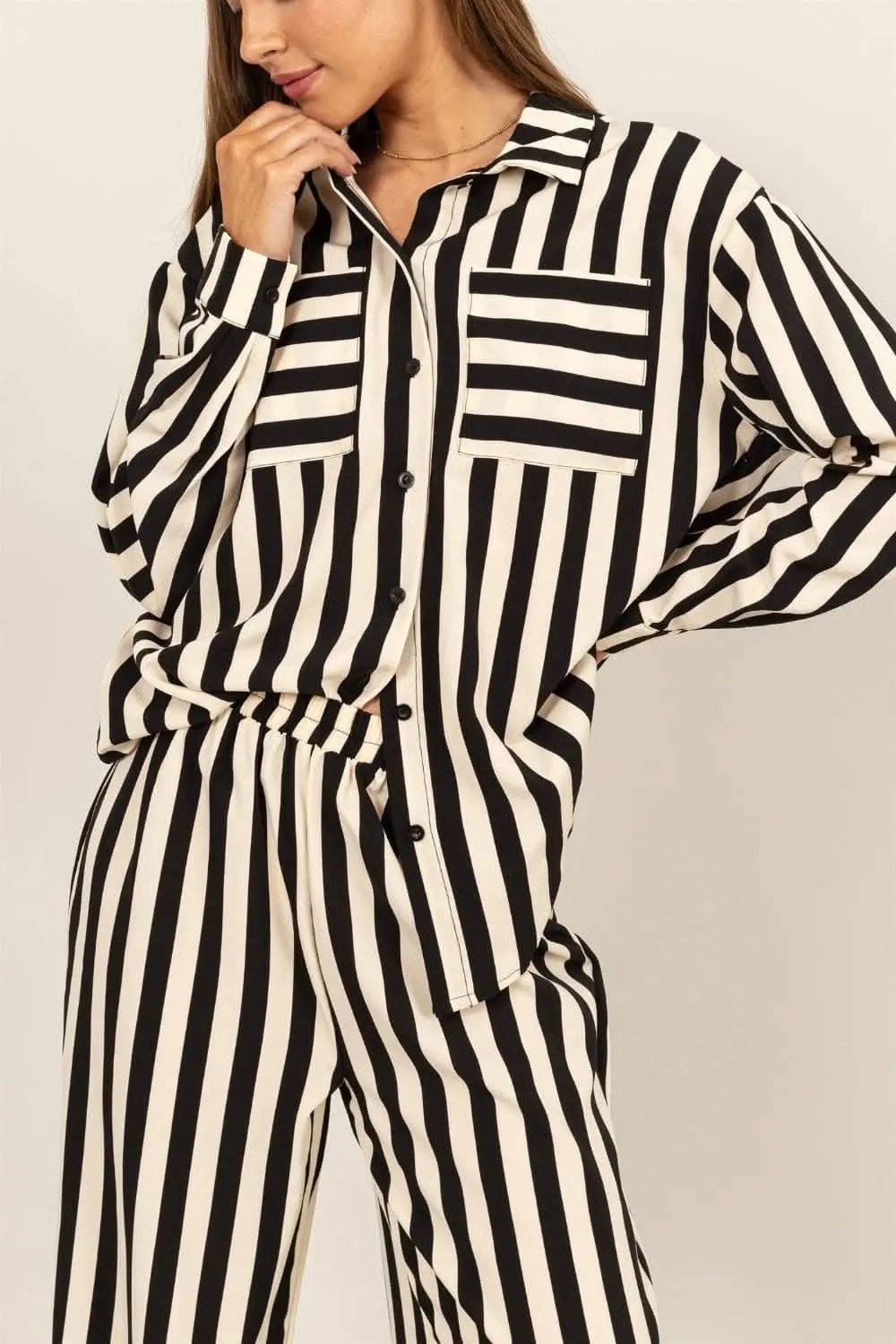 Trendsi Striped Set Women's Loungewear Button Up Shirt & Pants Two-Piece Set USA Shipped