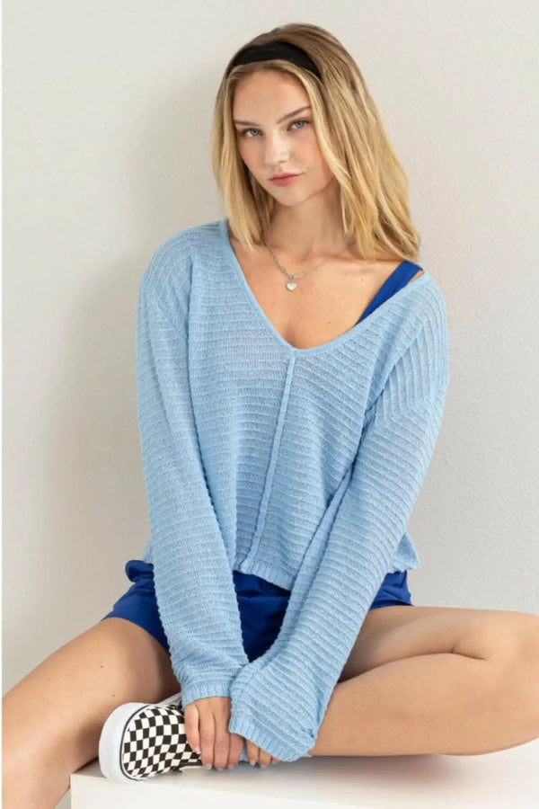 Trendsi Stripe Texture Top Women's Casual V-Neck Long Sleeve Top - Soft & Stylish