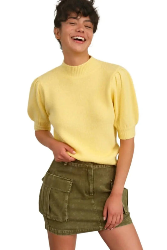 Top - Puff Sleeve Mock Neck - Elevated Knit Style