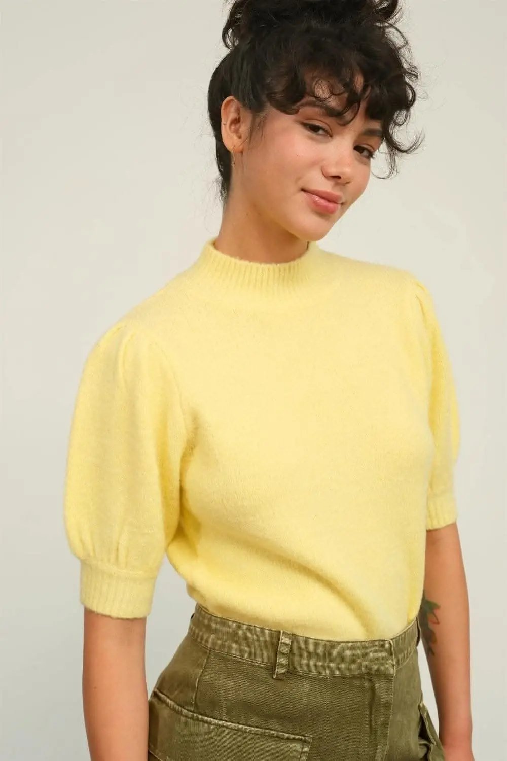 Top - Puff Sleeve Mock Neck - Elevated Knit Style
