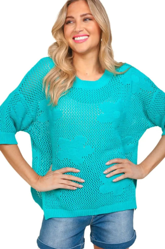 Women's Knit Top - Floral Crochet & Side Slit - Summer Casual