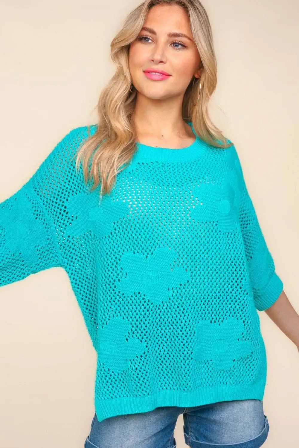 Women's Knit Top - Floral Crochet & Side Slit - Summer Casual