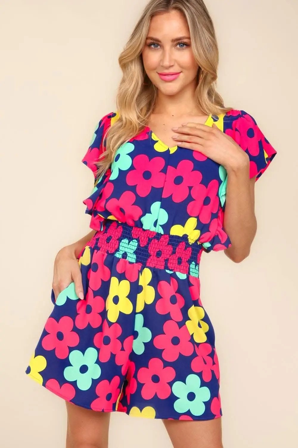 Trendsi Haptics Floral Smocked Waist Romper with Side Pock
