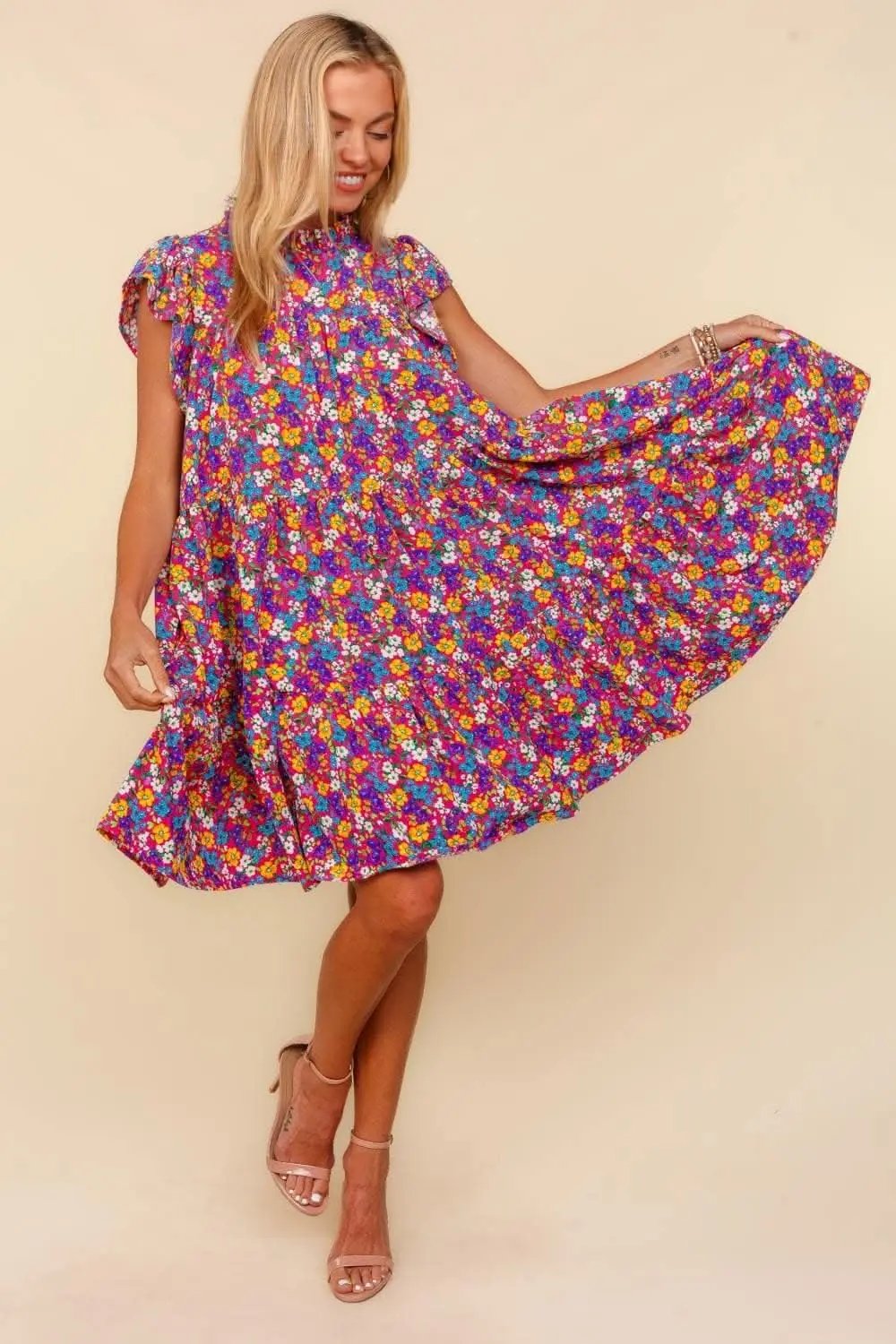 Trendsi Floral Mini Dress Women's Casual Ditsy Print Cute Frilled Mock Neck