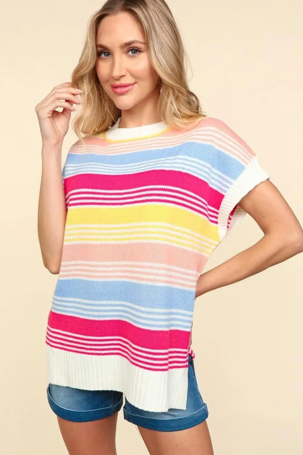 Trendsi Striped Knit Top Women's Casual Side Slit Tee Soft & Stylish