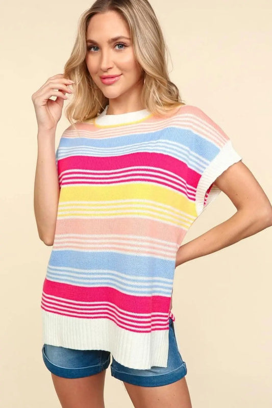 Trendsi Striped Knit Top Women's Casual Side Slit Tee Soft & Stylish
