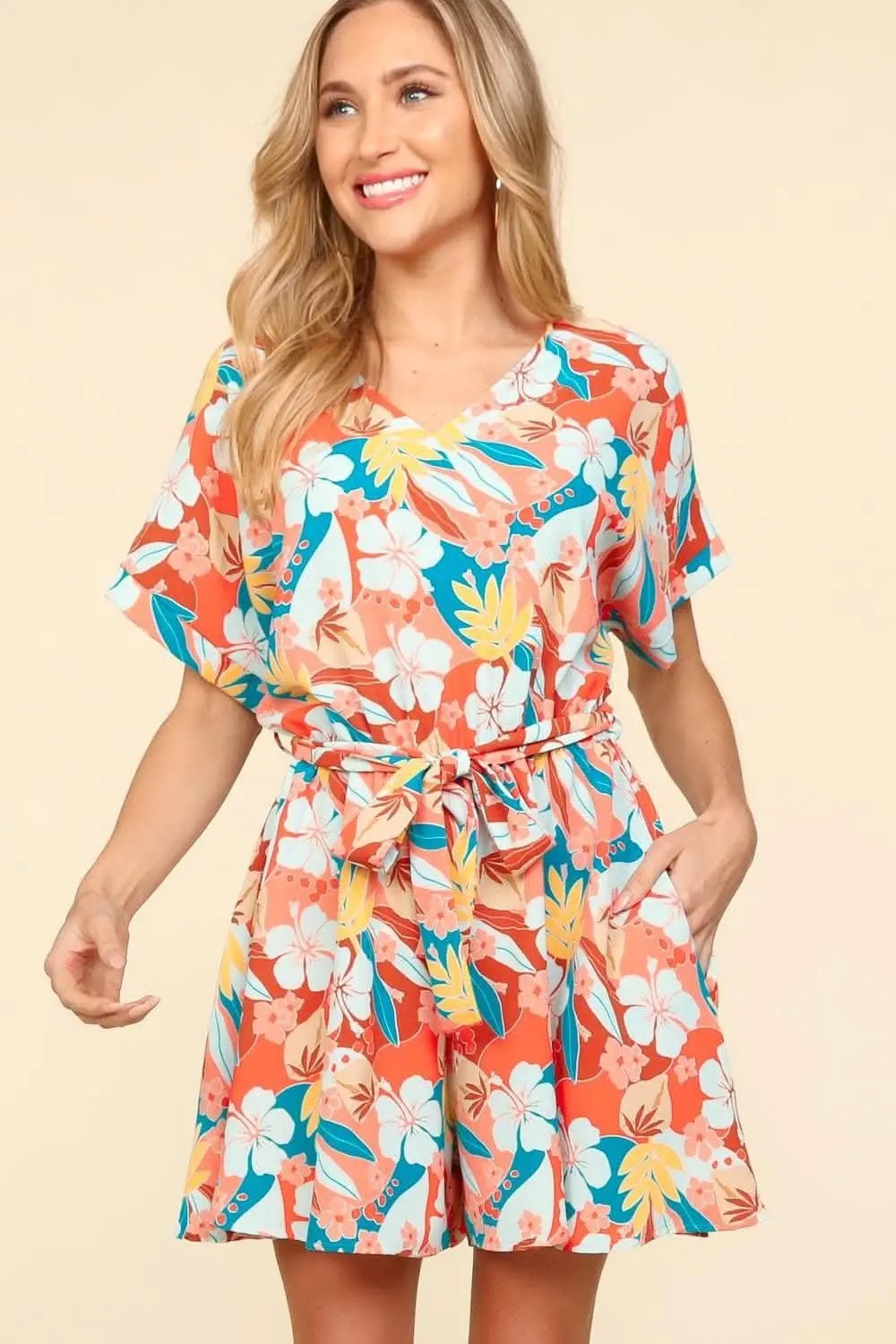 Trendsi Floral Romper Women's Summer Casual Short Sleeve Tie-Waist Jumpsuit