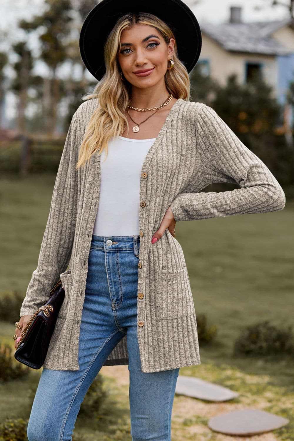 Trendsi Heathered ribbed cardigan with pockets