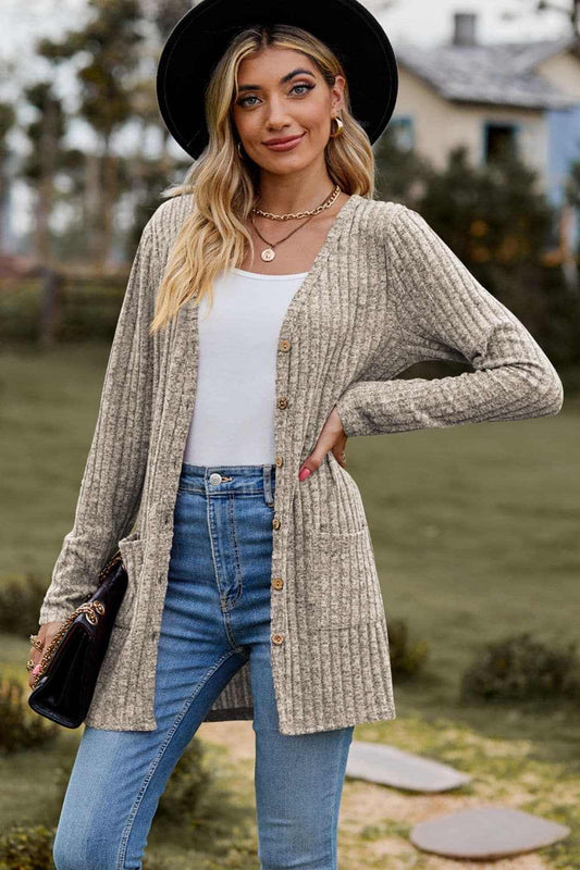 Trendsi Heathered ribbed cardigan with pockets