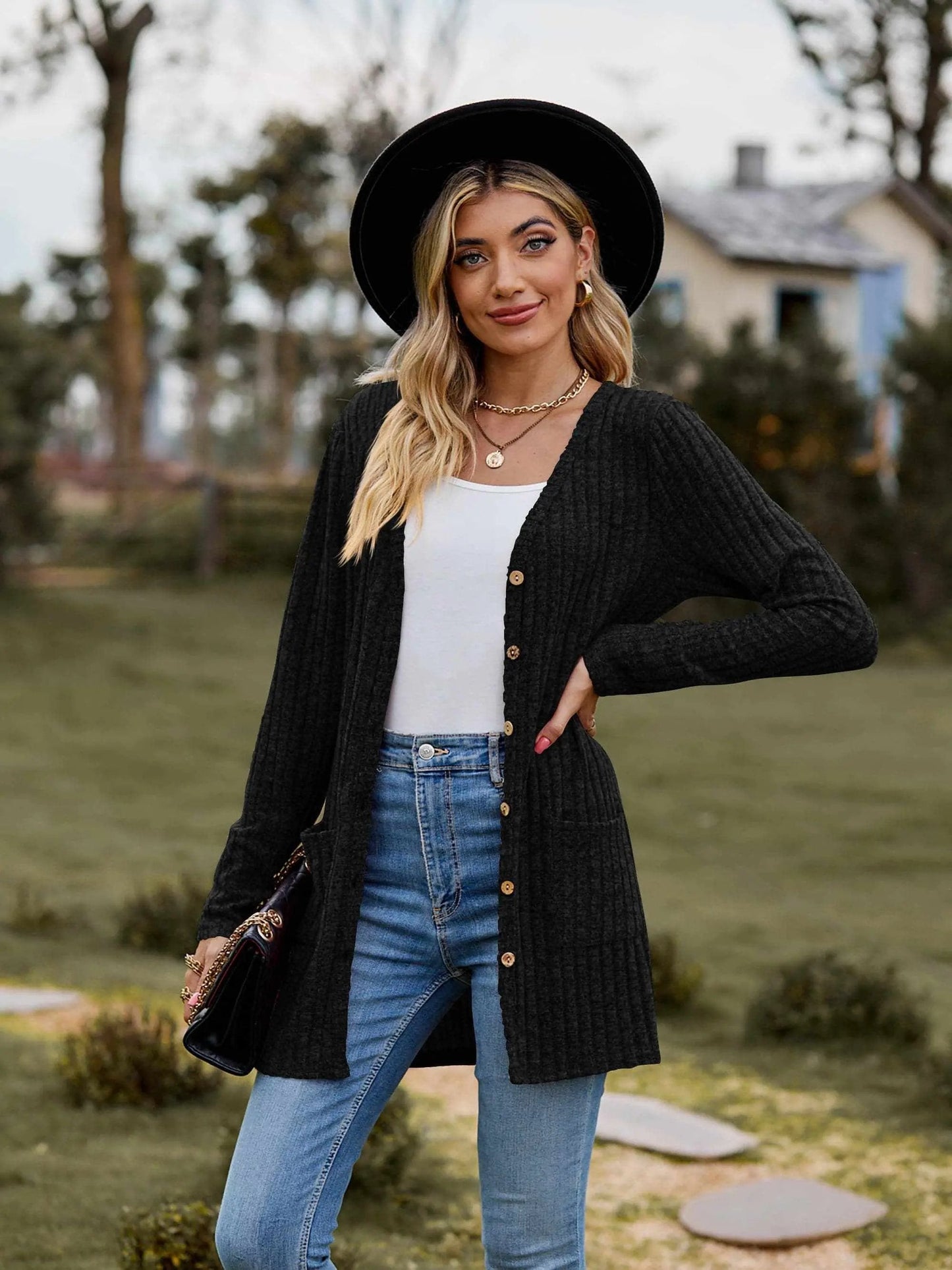 Trendsi Heathered ribbed cardigan with pockets