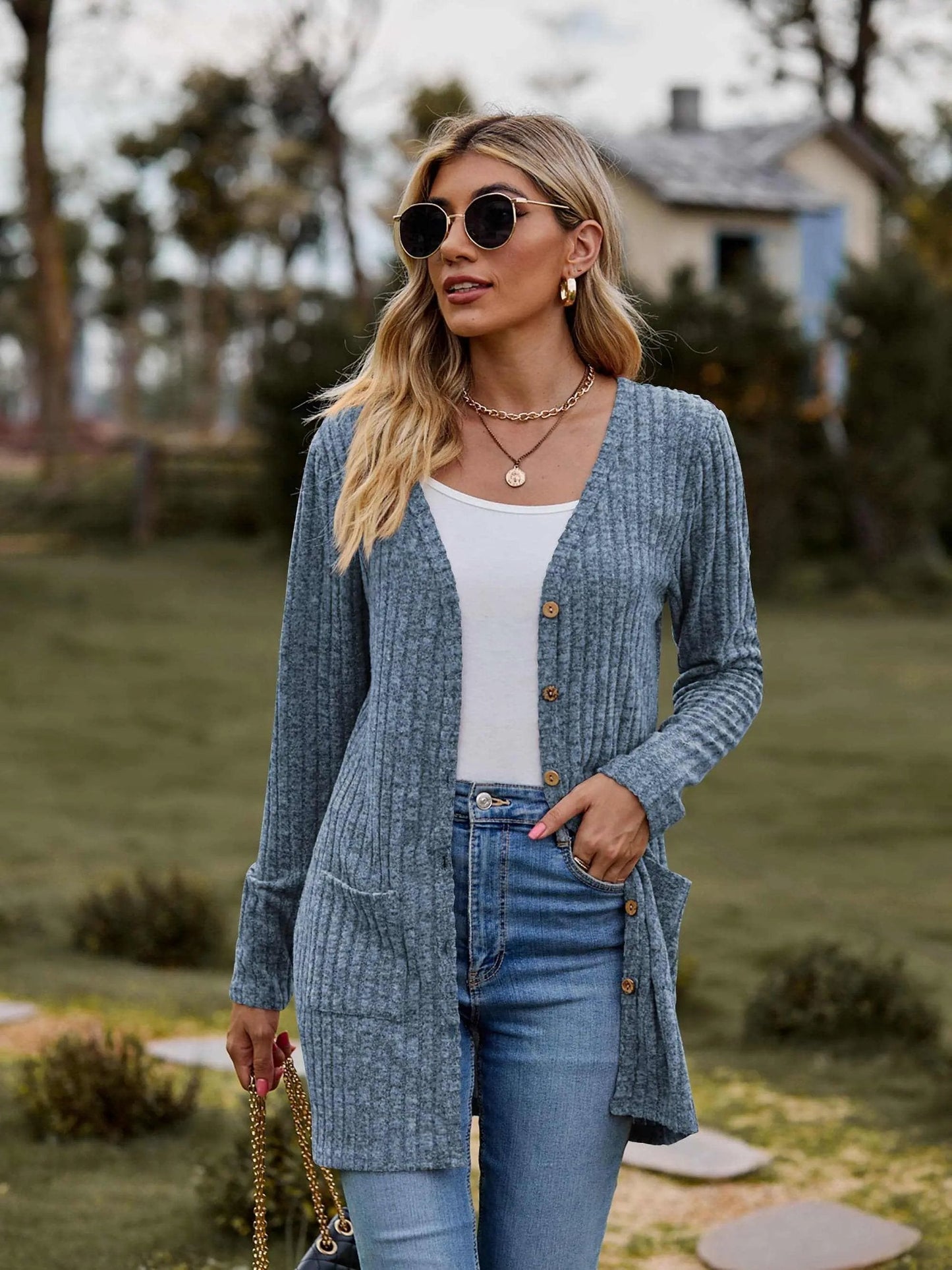 Trendsi Heathered ribbed cardigan with pockets