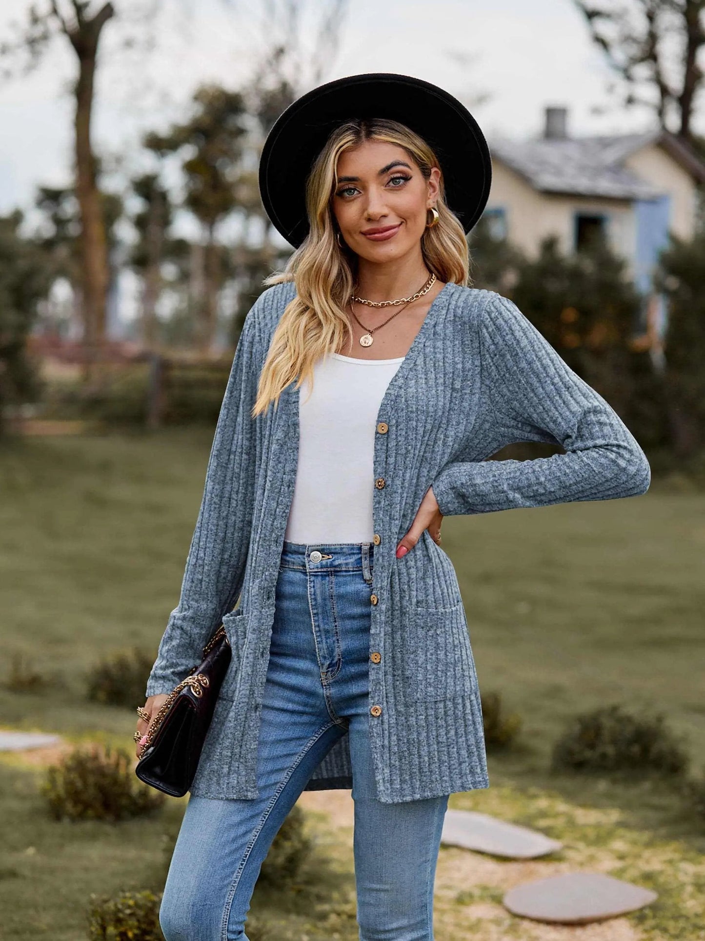Trendsi Heathered ribbed cardigan with pockets