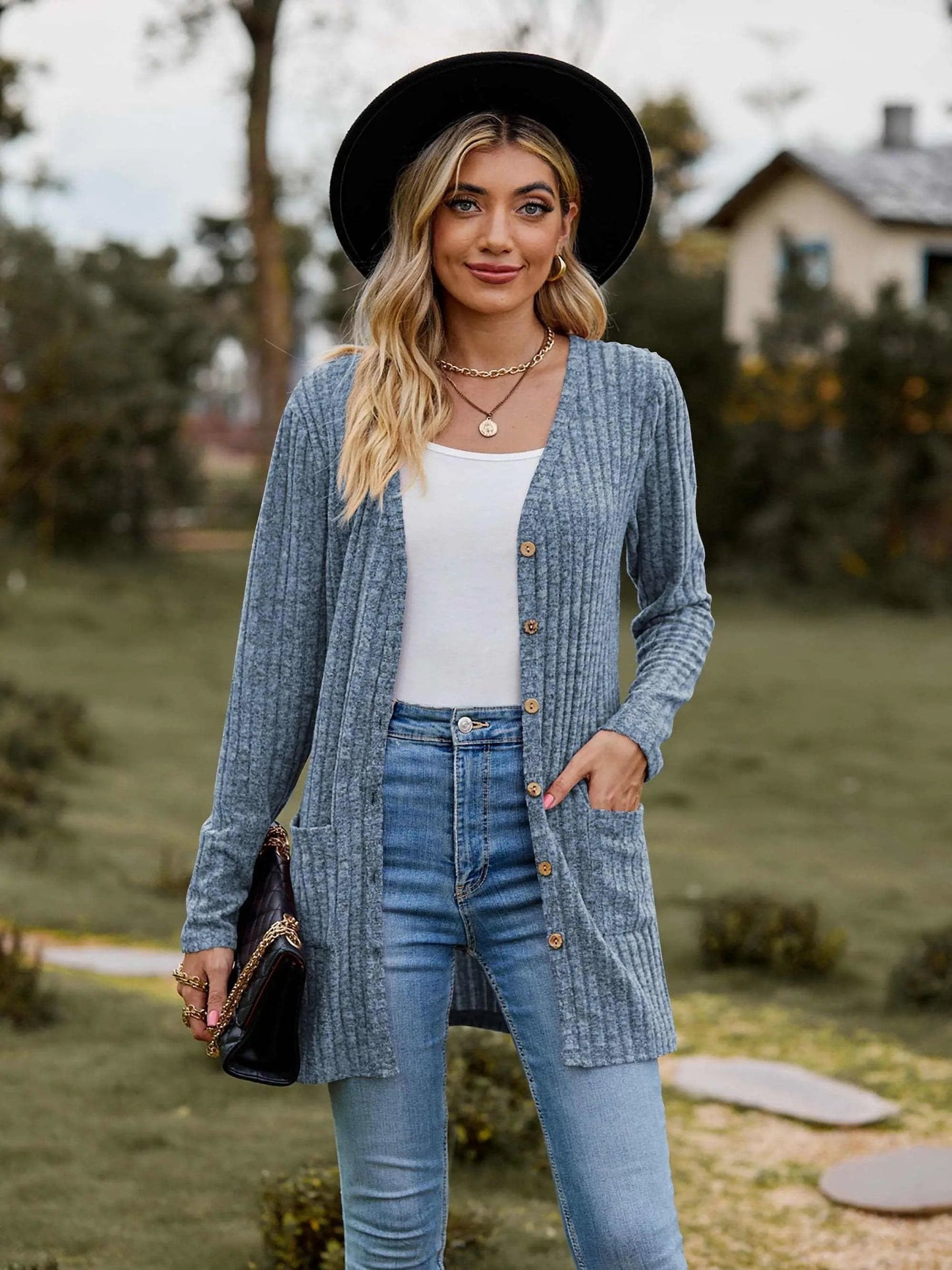 Trendsi Heathered ribbed cardigan with pockets