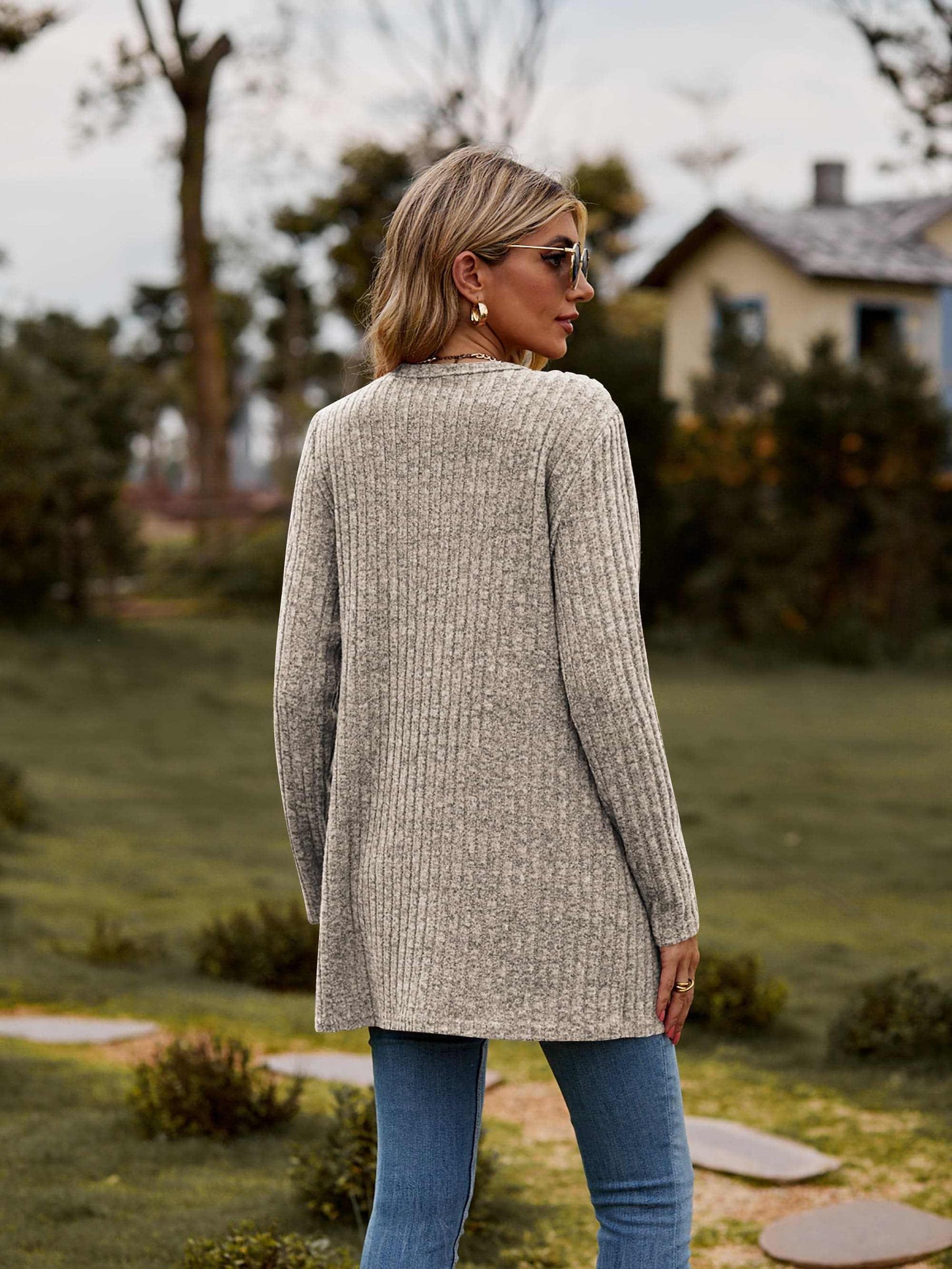 Trendsi Heathered ribbed cardigan with pockets