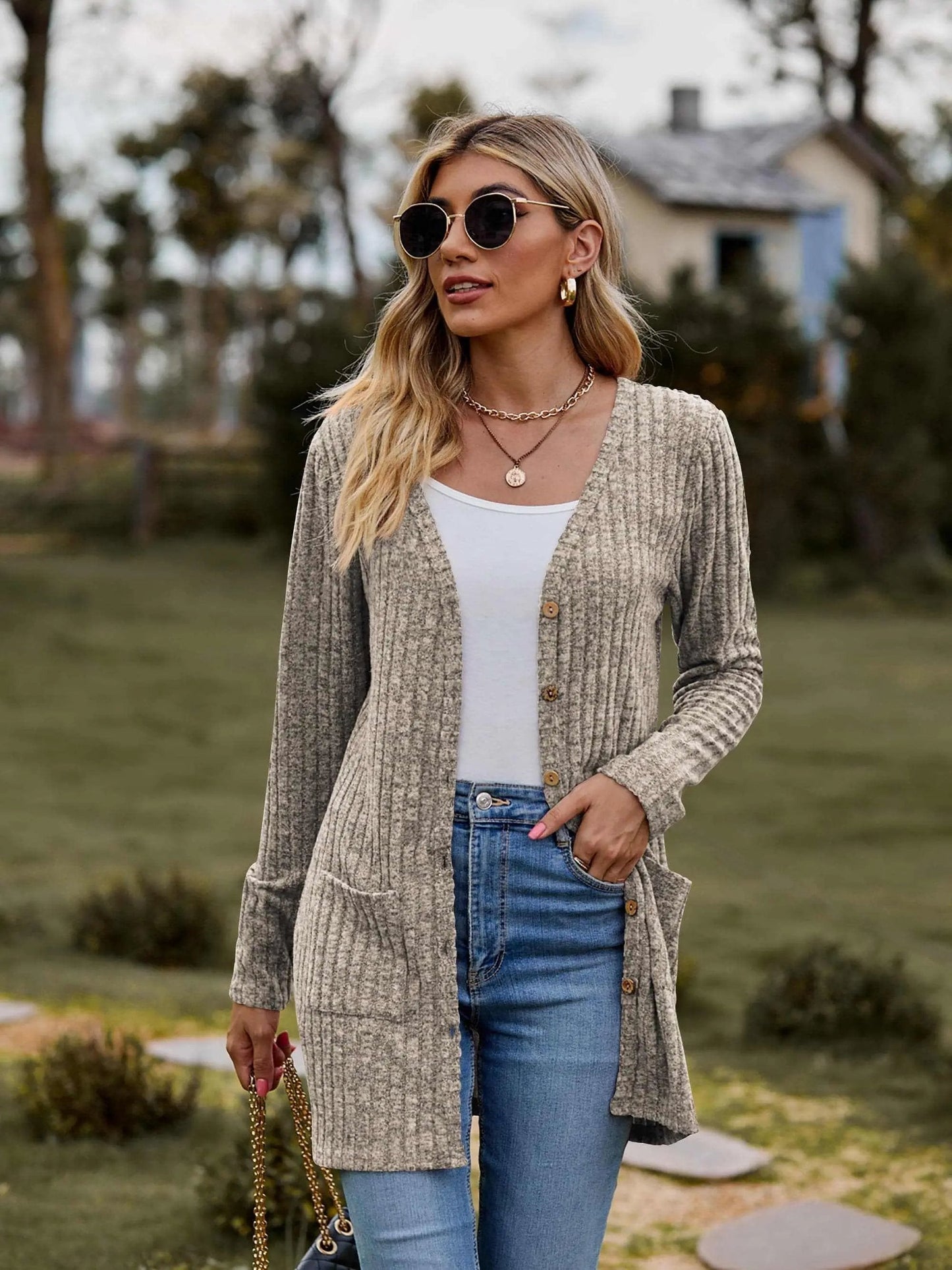 Trendsi Heathered ribbed cardigan with pockets