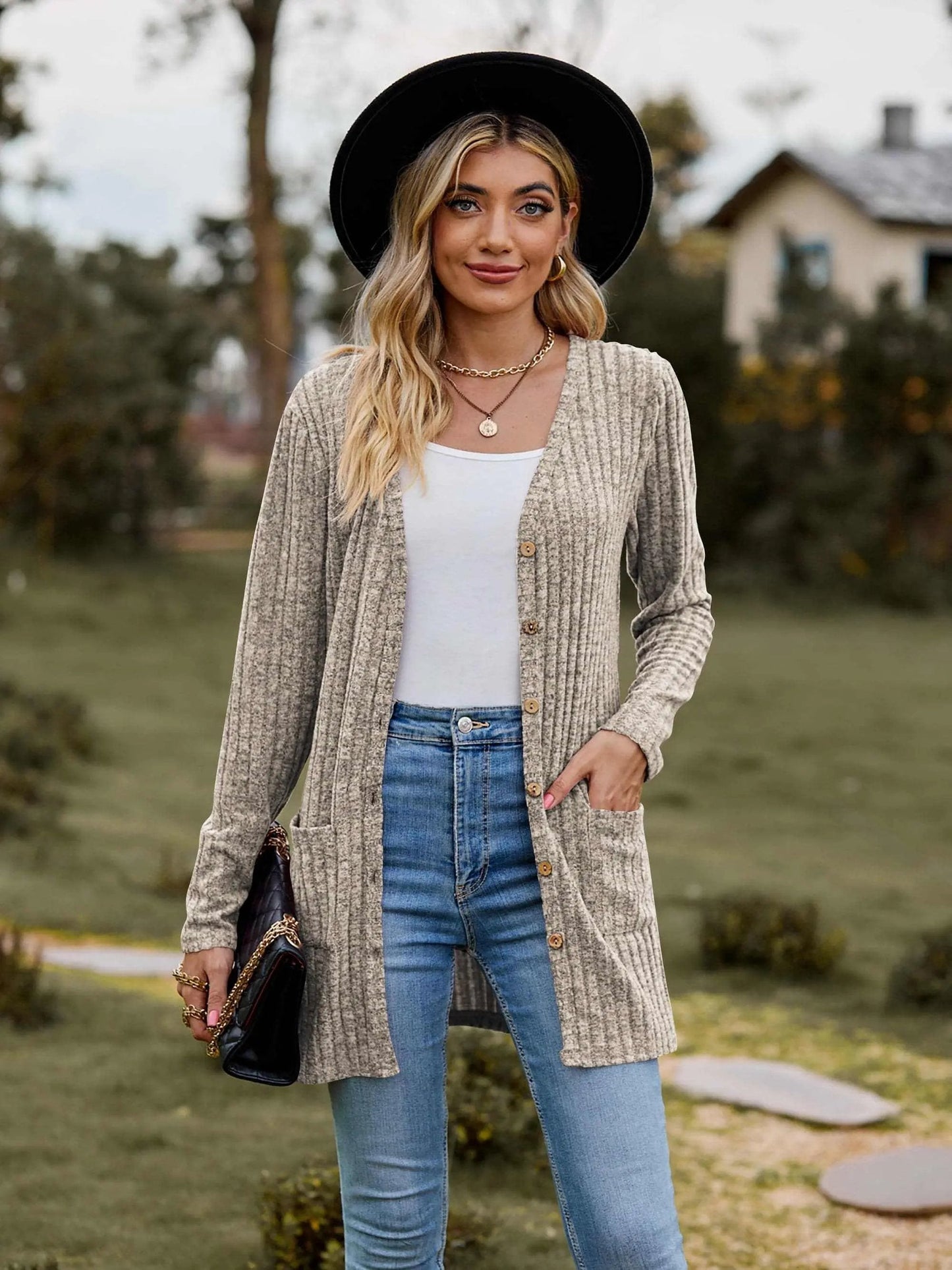 Trendsi Heathered ribbed cardigan with pockets