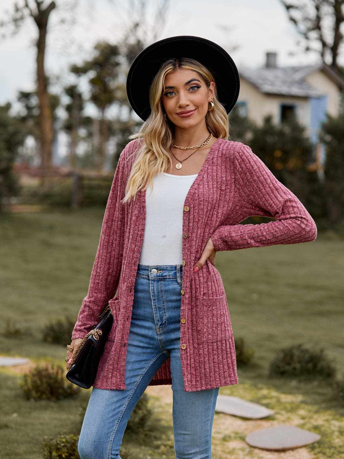 Trendsi Heathered ribbed cardigan with pockets