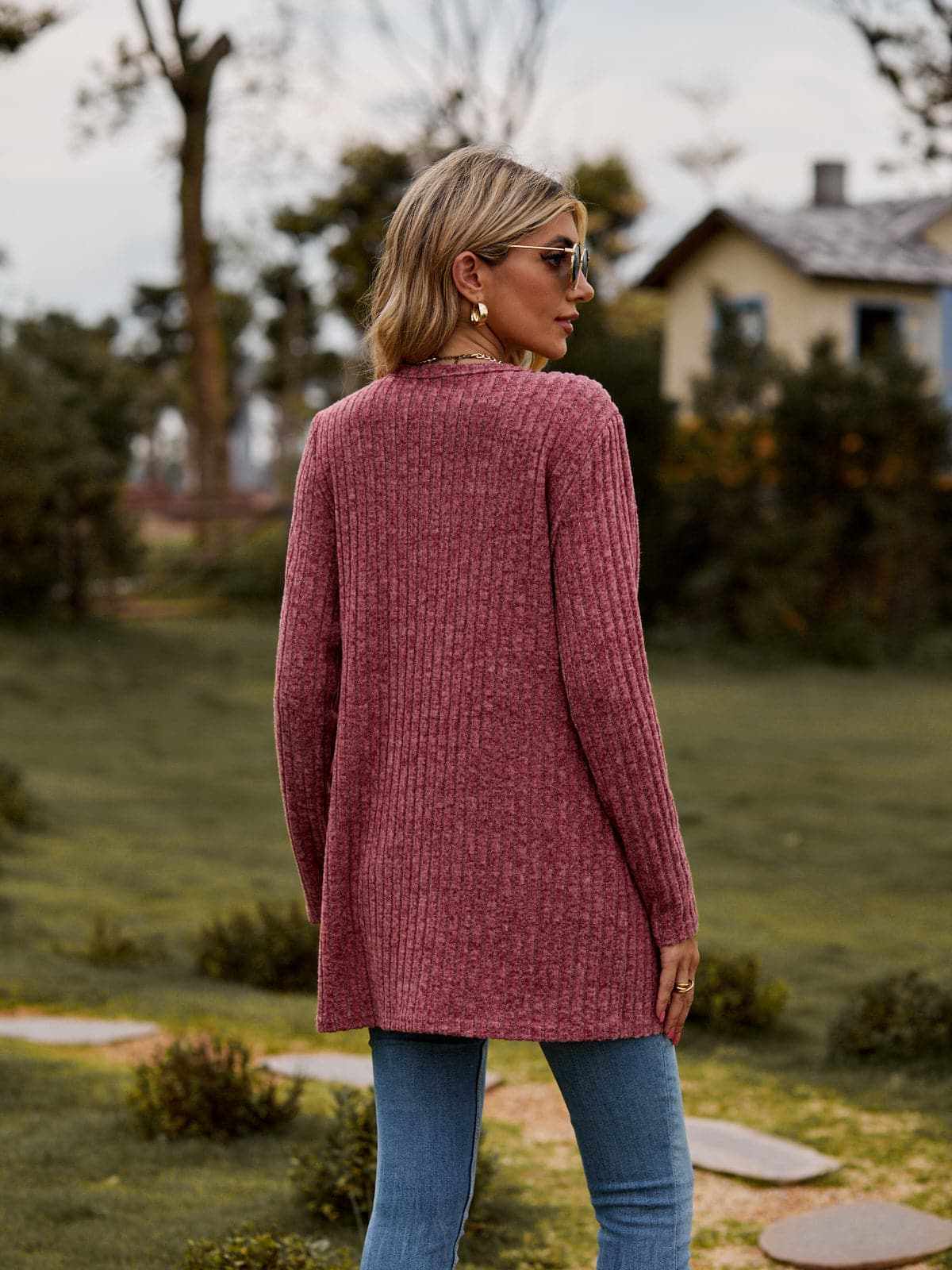 Trendsi Heathered ribbed cardigan with pockets